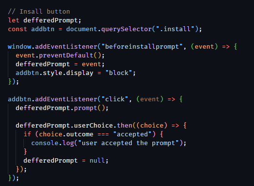 screenshot of the beforeinstallprompt in use.