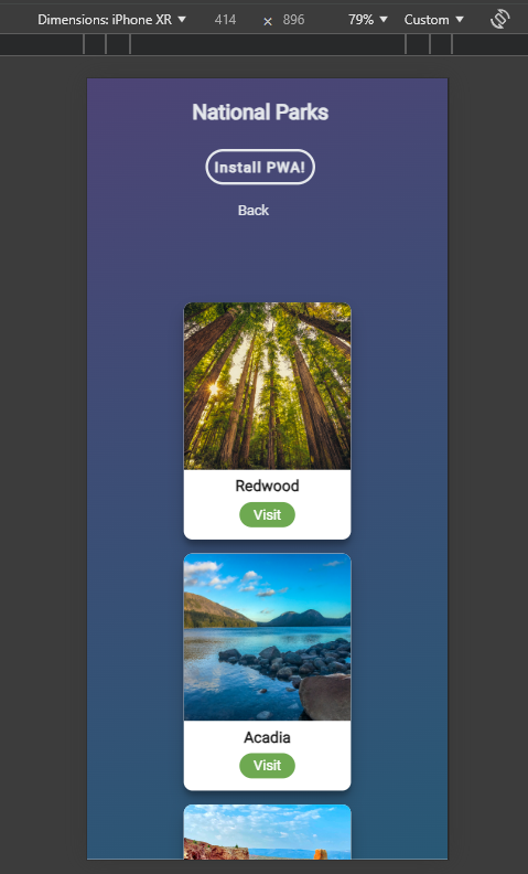 Screenshot of a one column grid of national park pictures.