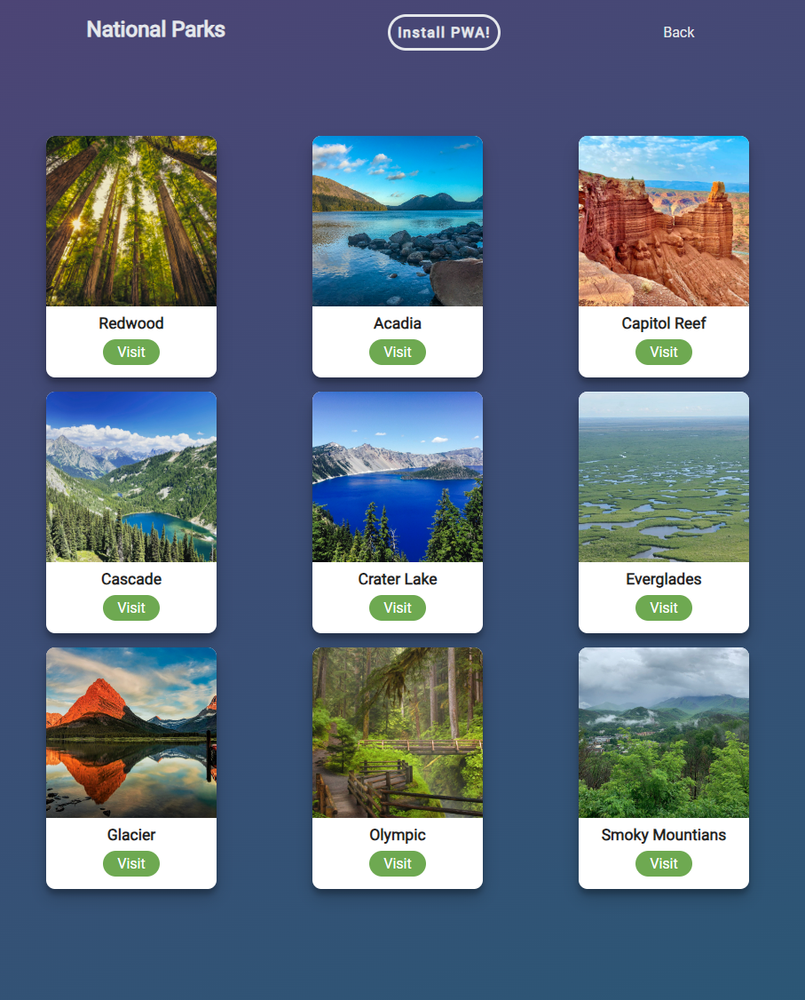 Screenshot of a three column grid of national park pictures.