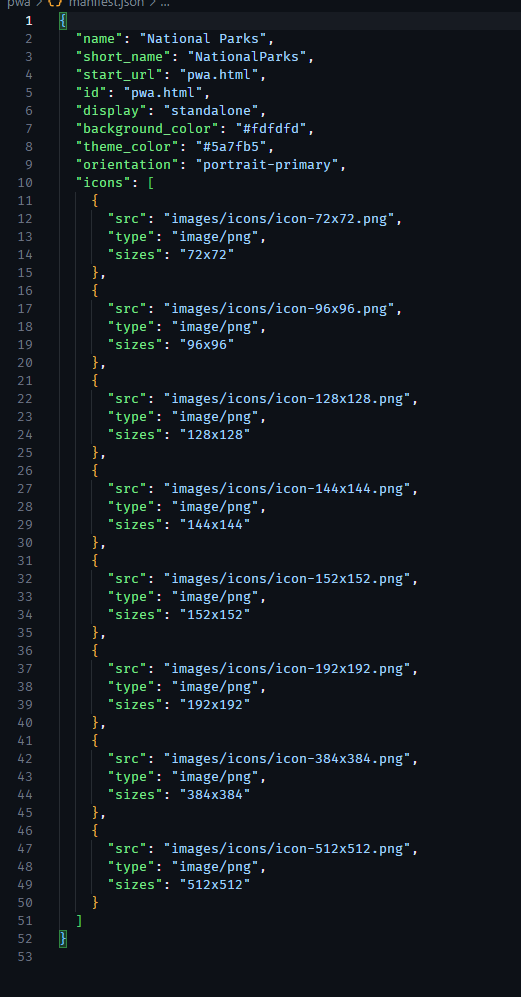 Screenshot of the web app manifest code