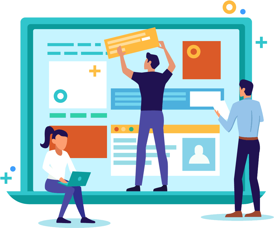 Cartoon picture of people working on computers